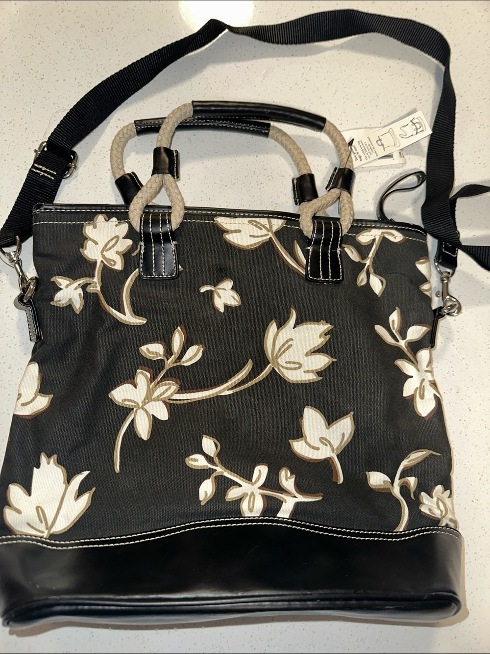 Nine & Co. Vintage Canvas Black and Cream Floral Tote Bag with Rope Handles, NWT